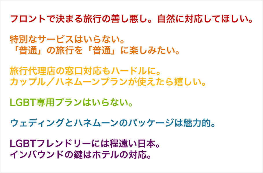 フロントで決まる旅行の善し悪し。自然に対応してほしい。　特別なサービスはいらない。「普通」の旅行を「普通」に楽しみたい。　旅行代理店の窓口対応もハードルに。カップル／ハネムーンプランが使えたら嬉しい。　LGBT専用プランはいらない。　ウェディングとハネムーンのパッケージは魅力的。　LGBTフレンドリーには程遠い日本。インバウンドの鍵はホテルの対応。