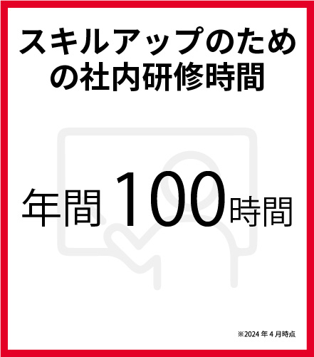 スキルアップのための社内研修時間 年間100時間 ※2024年4月時点